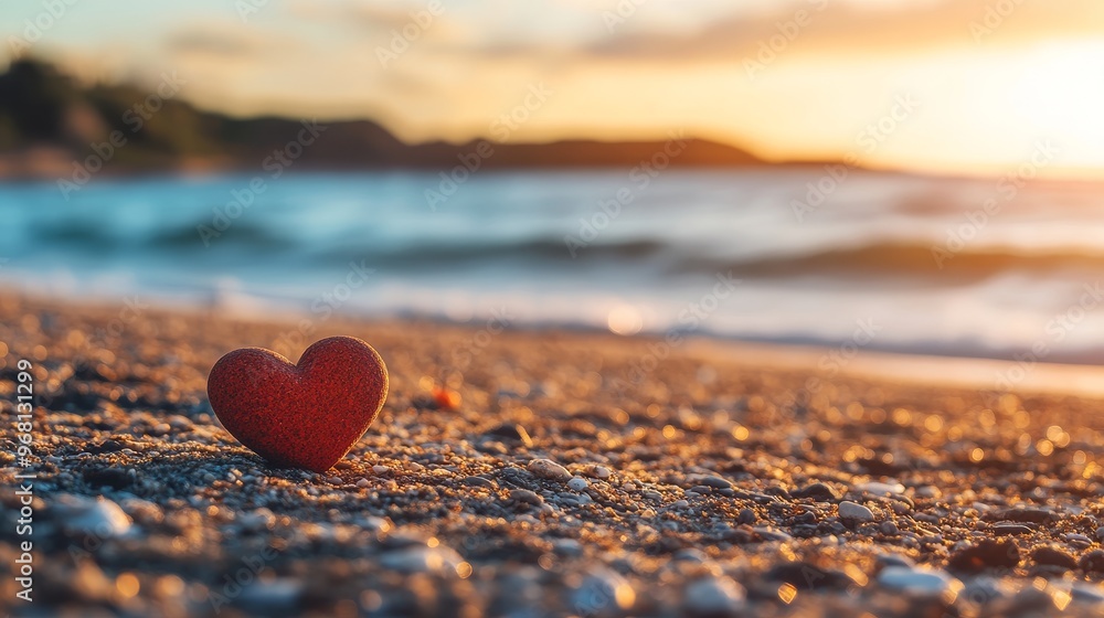Fototapeta premium A heart-shaped rock rests on a sandy beach symbolizing love, tranquility, nature, romance, and serenity as the sun sets over the ocean.