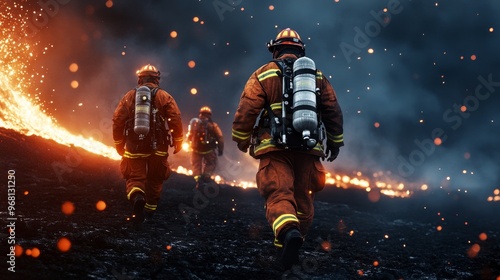 A group of firefighters, clad in their protective gear, courageously walk towards an active volcano, symbolizing bravery, resilience, and the dedication of first responders. The glowing lava and smoke