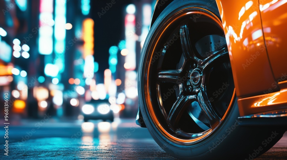 Nighttime city street with illuminated buildings and a close-up of a car wheel in motion Nighttime city street with illuminated buildings and a close-up of a car wheel in motion