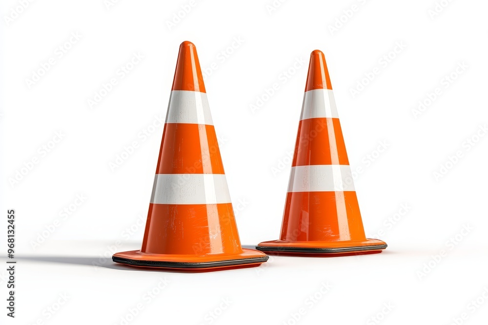 A pair of traffic cones, isolated on a white background, symbolizing safety, warning, construction, direction, and regulation. A pair of traffic cones, isolated on a white background, symbolizing safety, warning, construction, direction, and regulation.