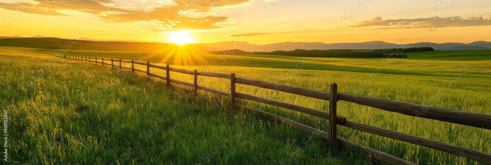 A picturesque scene of a rustic fence winding through a lush green ...