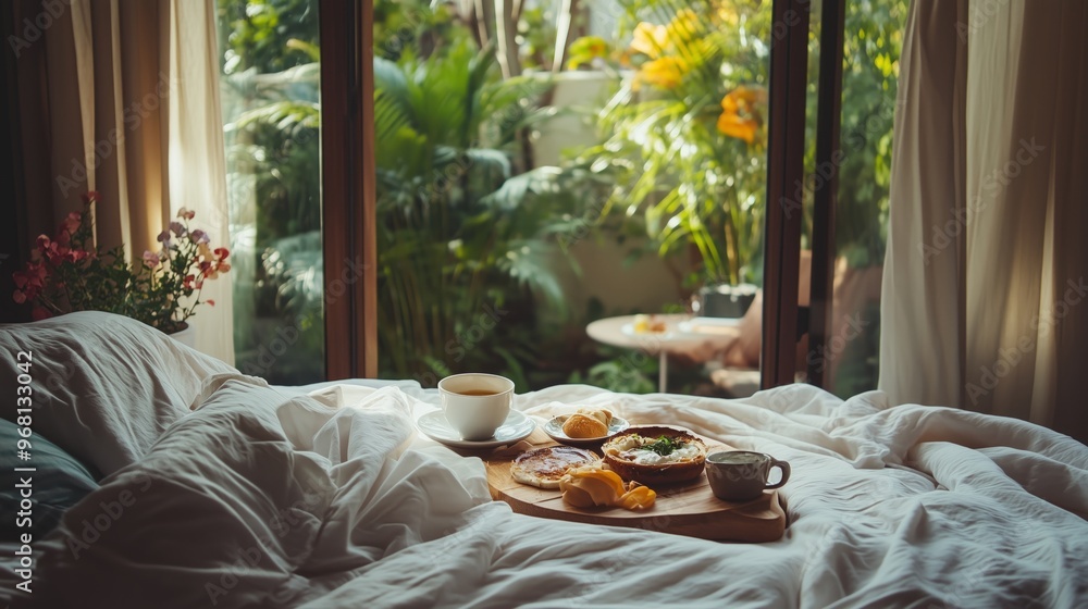 Cozy breakfast in bed with tropical garden view on a relaxing morning Cozy breakfast in bed with tropical garden view on a relaxing morning