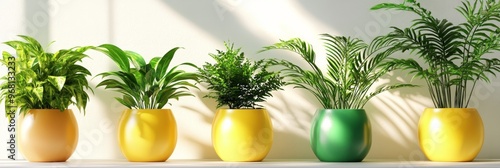 A row of five vibrant indoor plants in colorful pots, adding a touch of nature and freshness to a modern interior. The plants bring life and vibrancy to the space, symbolizing growth, tranquility, and