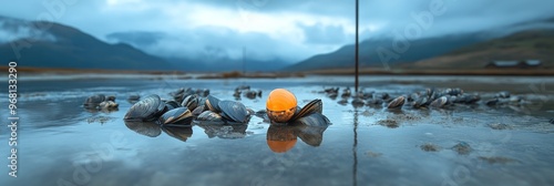 A scenic view of a mussel farm in a fjord, showcasing the natural beauty of the environment.  Mussels are harvested from the ocean floor, representing the sustainability and abundance of the sea. The 