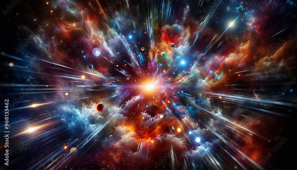 Fototapeta premium Colorful, glowing supernova explosion with dynamic light effects.
