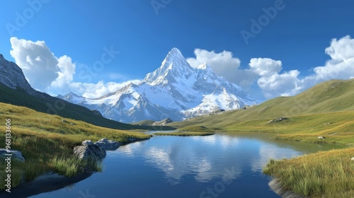 A serene landscape featuring a snow-capped mountain peak reflected in a still lake, surrounded by lush green meadows and a clear blue sky with fluffy clouds. This image evokes feelings of peace, tranq