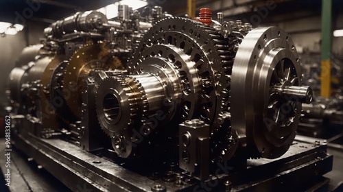 Generative AI, A close-up view of complex industrial machinery with intricate gears and mechanical parts, showcasing precision engineering and craftsmanship in a high-detail photograph photo