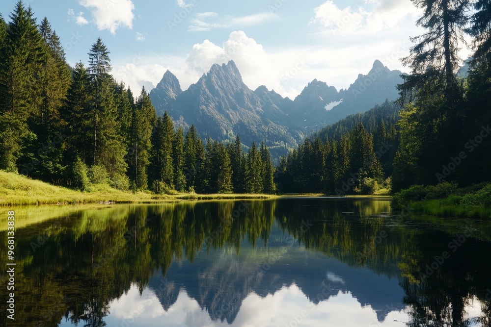 A serene mountain lake reflecting the majestic peaks and lush forest surrounding it. The scene evokes tranquility, peace, and the beauty of nature. A serene mountain lake reflecting the majestic peaks and lush forest surrounding it. The scene evokes tranquility, peace, and the beauty of nature.