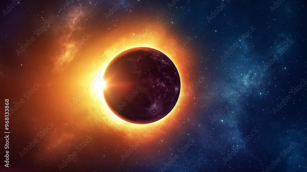 Obraz premium A picture of a solar eclipse, showing the sun covered by the moon, against a starry night sky.