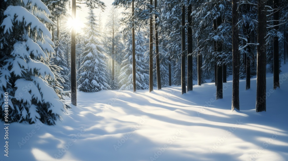 A serene winter scene with snow-covered pine trees bathed in warm sunlight, showcasing the beauty of nature's winter embrace. It symbolizes peace, tranquility, purity, and the resilience of life in th A serene winter scene with snow-covered pine trees bathed in warm sunlight, showcasing the beauty of nature's winter embrace. It symbolizes peace, tranquility, purity, and the resilience of life in th