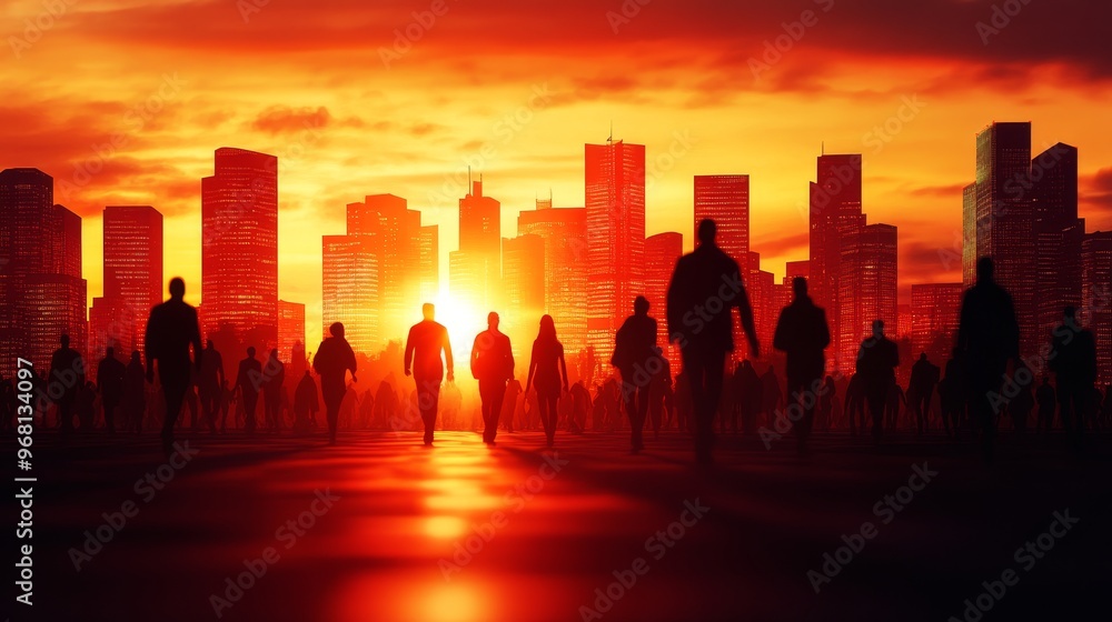 A silhouette of a crowd of people walking towards the horizon in a city skyline setting with a fiery sunset. The image symbolizes progress, ambition, hope, unity, and a shared journey. A silhouette of a crowd of people walking towards the horizon in a city skyline setting with a fiery sunset. The image symbolizes progress, ambition, hope, unity, and a shared journey.