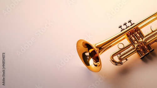 A shiny golden trumpet, isolated on a white background, with soft lighting. The trumpet is a symbol of music, joy, celebration, and victory. It is a classic musical instrument that is loved by people 
