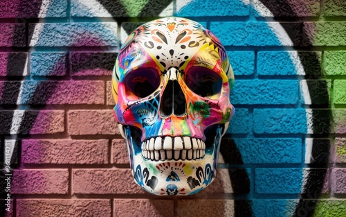 Skull with Graffiti Edgy Urban Art with Vibrant Colors and Street Patterns photo