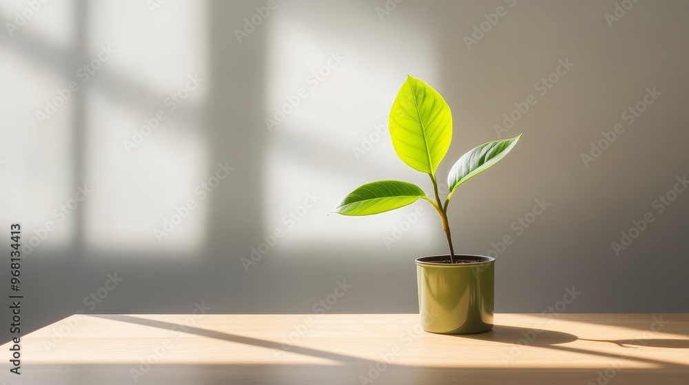 A single green plant in a pot sits on a wooden table, bathed in sunlight streaming through a window. The plant's leaves are vibrant and healthy, representing growth, life, and renewal. The sunlight sy A single green plant in a pot sits on a wooden table, bathed in sunlight streaming through a window. The plant's leaves are vibrant and healthy, representing growth, life, and renewal. The sunlight sy