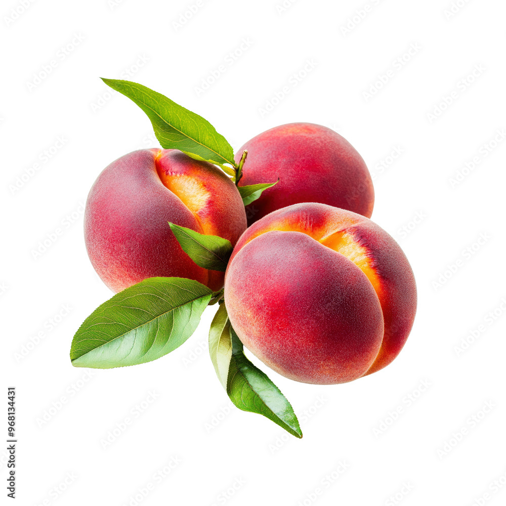 Three Fresh Ripe Peaches with Green Leaves Isolated on Black Background Three Fresh Ripe Peaches with Green Leaves Isolated on Black Background