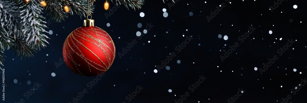 Naklejka premium A single red Christmas ornament with gold accents hangs from a snow-covered pine branch against a dark blue background with falling snowflakes, symbolizing holiday cheer, winter magic, festive decorat
