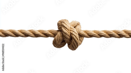 A single knot tied in a thick rope, isolated against a white background. This image symbolizes connection, strength, and overcoming challenges.