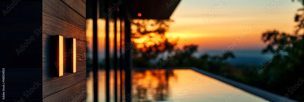 A sleek modern home with a stunning infinity pool overlooking a breathtaking sunset. The minimalist design, warm wood tones, and panoramic views create an atmosphere of ultimate tranquility and luxury A sleek modern home with a stunning infinity pool overlooking a breathtaking sunset. The minimalist design, warm wood tones, and panoramic views create an atmosphere of ultimate tranquility and luxury