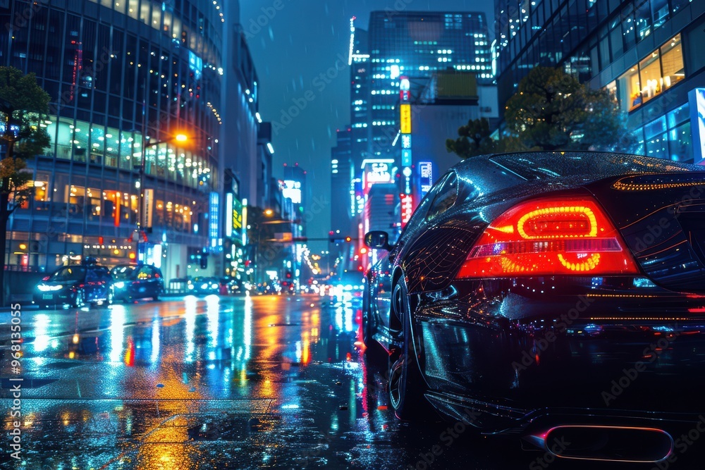 A sleek car parked on a neon-lit city street during a rainy night in Tokyo, Japan, with skyscrapers in the background. Free copy space for banner. A sleek car parked on a neon-lit city street during a rainy night in Tokyo, Japan, with skyscrapers in the background. Free copy space for banner.