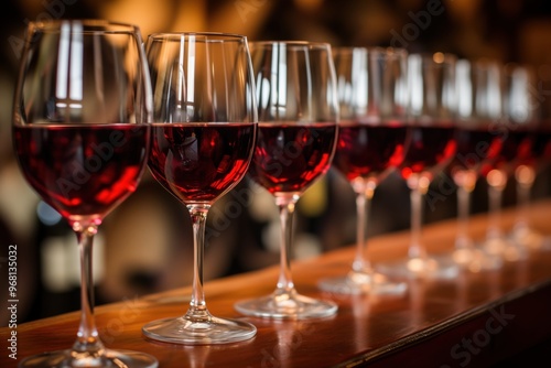 Row of wine glasses with red wine at a bar – concept for celebrations and beverages