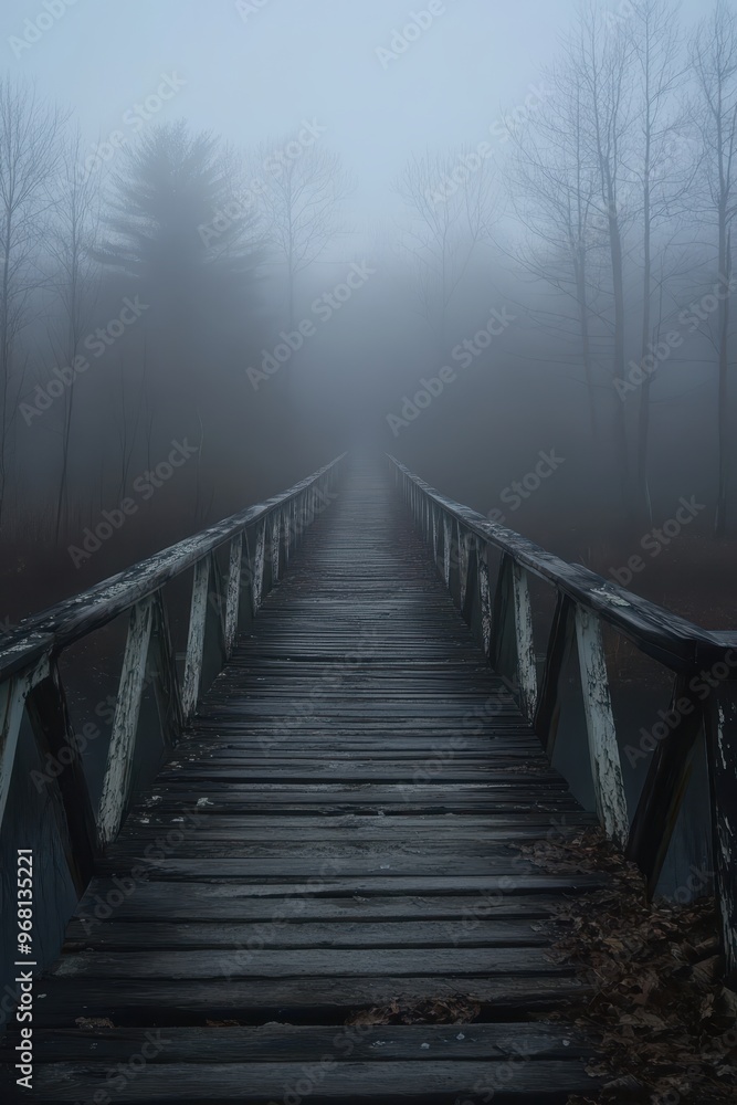 A foggy wooden bridge extends into the unknown, surrounded by bare trees and muted tones, creating a mysterious and eerie atmosphere ideal for themes of mystery, exploration, and suspense, A foggy wooden bridge extends into the unknown, surrounded by bare trees and muted tones, creating a mysterious and eerie atmosphere ideal for themes of mystery, exploration, and suspense,