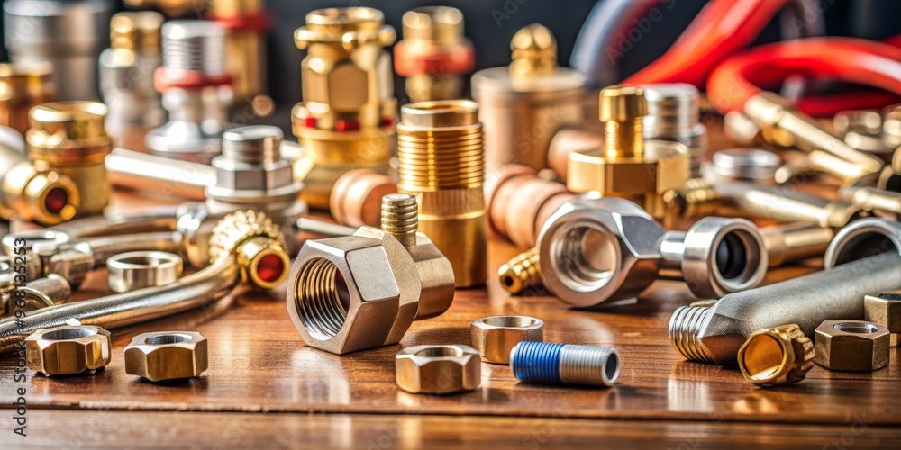 Close-up of Brass and Steel Plumbing Fittings on Wooden Table, Plumbing , Hardware , Fittings Close-up of Brass and Steel Plumbing Fittings on Wooden Table, Plumbing , Hardware , Fittings