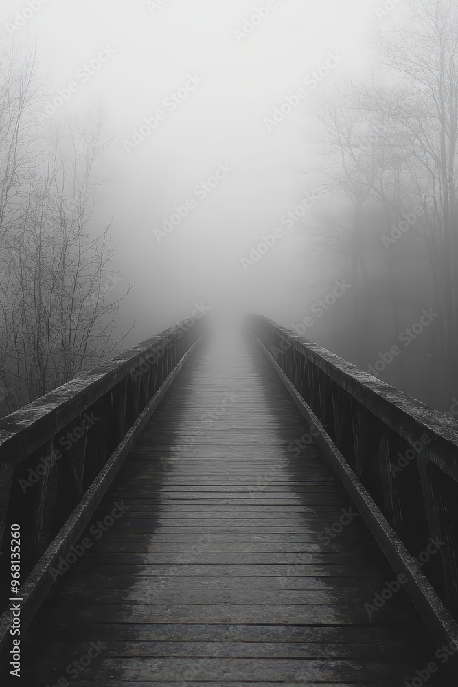 A misty forest bridge disappearing into dense fog, perfect for themes of mystery, solitude, and journey in editorial or inspirational content, A misty forest bridge disappearing into dense fog, perfect for themes of mystery, solitude, and journey in editorial or inspirational content,