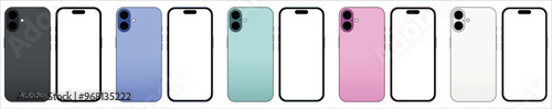 The 16th Generation Smartphone Screen Mockup. Black, Blue, Teal, Pink, White Color. Editable Stroke. Stock Vector