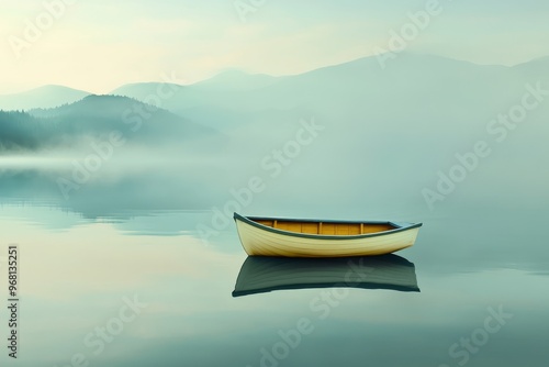 A solitary wooden rowboat rests on a tranquil lake, shrouded in a veil of morning mist. The distant, fog-covered mountains create a sense of mystery and peace, inviting contemplation. This image embod photo