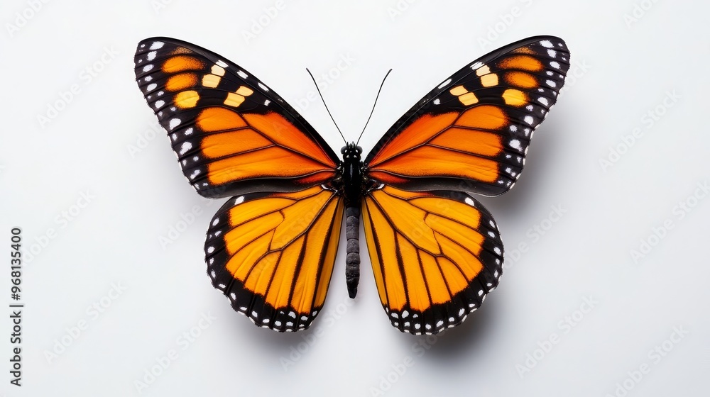 Obraz premium A stunning image of a monarch butterfly with its wings spread wide, showcasing its vibrant orange and black colors. The butterfly is perfectly isolated against a pristine white background, creating a 