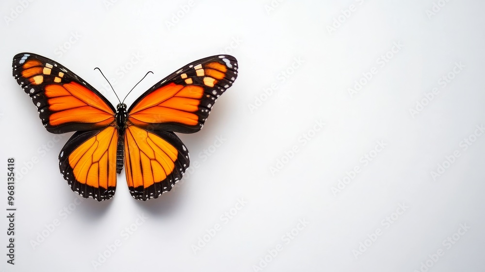 Obraz premium A stunning monarch butterfly with vibrant orange and black wings, isolated on a pure white background. This image symbolizes transformation, beauty, freedom, and the delicate nature of life. It is per