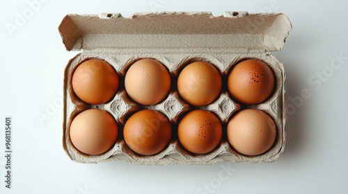 An open egg box containing ten brown eggs is isolated on a white background