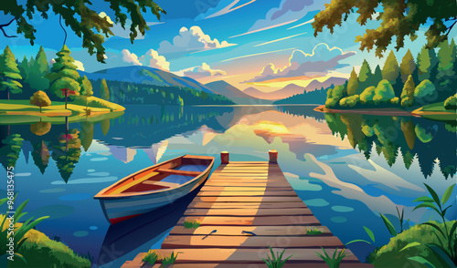 Wooden dock reflecting in calm lake at sunset