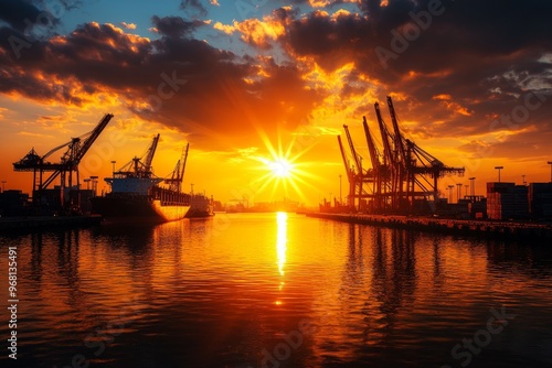 A stunning silhouette of cargo cranes and ships unloading containers against a vibrant sunset backdrop. The image symbolizes global trade, industry, transportation, and the power of nature.