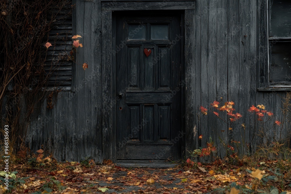 An old weathered wooden door with a heart decoration in the center, surrounded by autumn leaves scattered on the ground, offers a rustic and seasonal ambiance An old weathered wooden door with a heart decoration in the center, surrounded by autumn leaves scattered on the ground, offers a rustic and seasonal ambiance