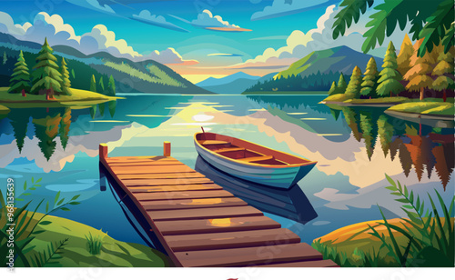 Wooden boat moored to a dock on a serene lake with mountains reflecting in the water
