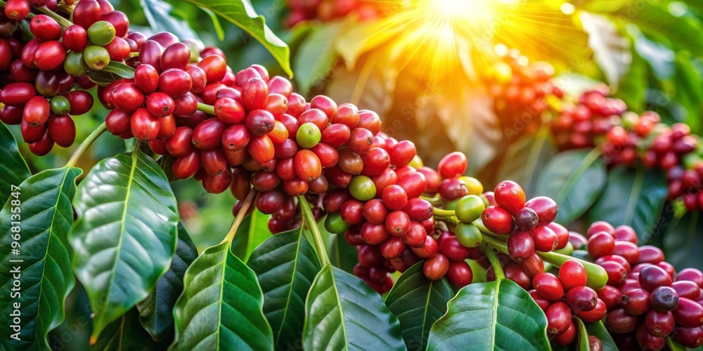 Coffee Bean Harvest in the Sun, Close-Up, Lush Green Leaves, Sun Rays, Coffee Plantation, Coffee Plant, Coffee Beans Coffee Bean Harvest in the Sun, Close-Up, Lush Green Leaves, Sun Rays, Coffee Plantation, Coffee Plant, Coffee Beans