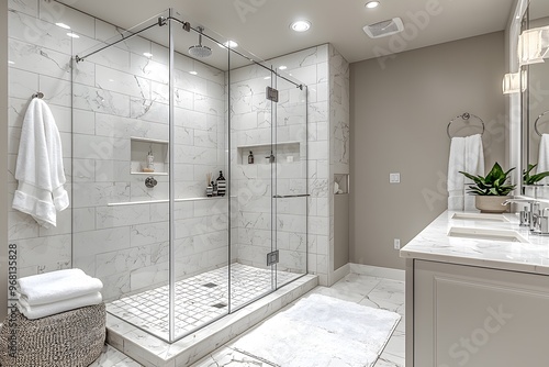 Luxurious modern bathroom with glass shower and marble accents