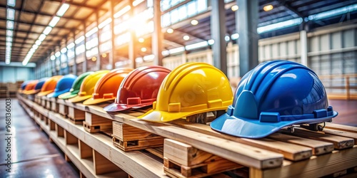 Colorful Hard Hats on Wooden Pallets, Construction Safety, Safety Equipment, Worker Protection