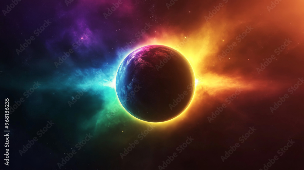 Fototapeta premium A realistic solar eclipse effect with a transparent background. The design features a blazing star in shades of blue, yellow, green, and purple, partially blocking a planet in a dark sky.