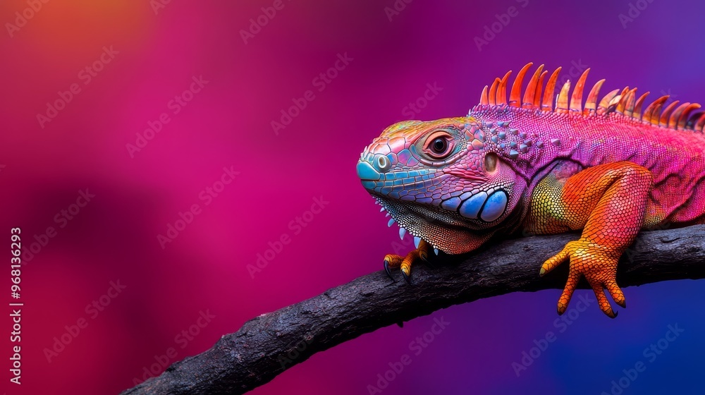 Fototapeta premium A vibrant iguana with a pink, blue, and orange color scheme perches on a branch against a backdrop of blurred pink and purple hues, symbolizing the beauty of nature, the fragility of life, the importa