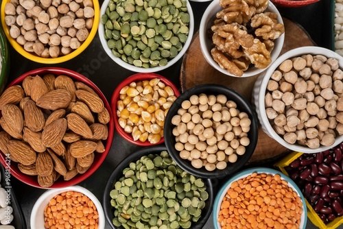 several pots with raw grains for preparing healthy food