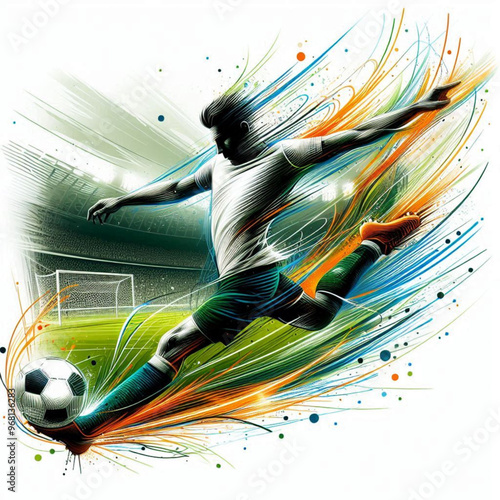 Female soccer player striking the ball with dynamic colorful energy

