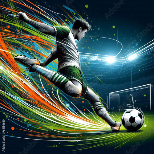 Female soccer player striking the ball with dynamic colorful energy

