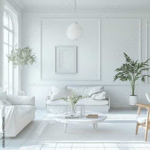 A Minimalist Living Room Design with White Furniture and Greenery