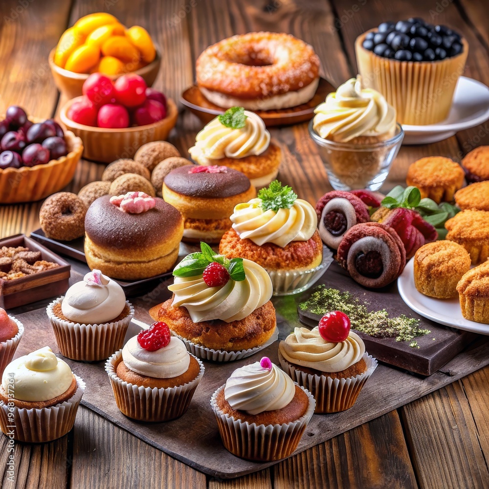 A Symphony of Sweets Cupcakes, Donuts, and Fruit Delight, Cupcake , Dessert , Sweet Treat A Symphony of Sweets Cupcakes, Donuts, and Fruit Delight, Cupcake , Dessert , Sweet Treat