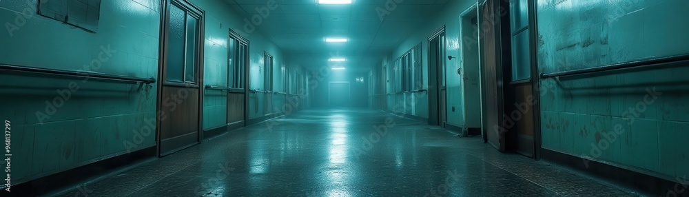 A dimly lit, eerie hospital hallway with empty rooms and a creepy atmosphere, ideal for horror or thriller themes in films, posters, or articles, A dimly lit, eerie hospital hallway with empty rooms and a creepy atmosphere, ideal for horror or thriller themes in films, posters, or articles,