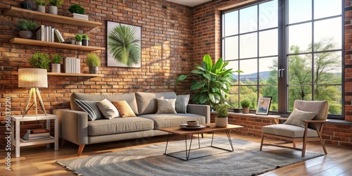 Cozy Living Room with Brick Wall, Gray Sofa, Wooden Floor and Natural Light, Interior Design, Home Decor, Living Room Style