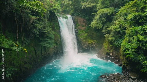 Waterfall Plunging into Turquoise Pool
