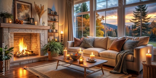 Cozy Living Room with Fireplace and Sunset View, Warmth, Home Decor, Relaxation